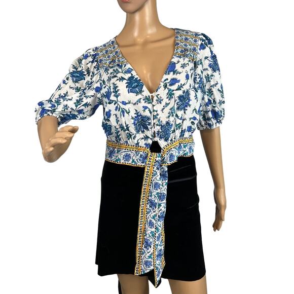 Artelier Nicole Miller Linen Blend Floral Cropped Blouse Tie Front Size S Resort - Picture 1 of 8